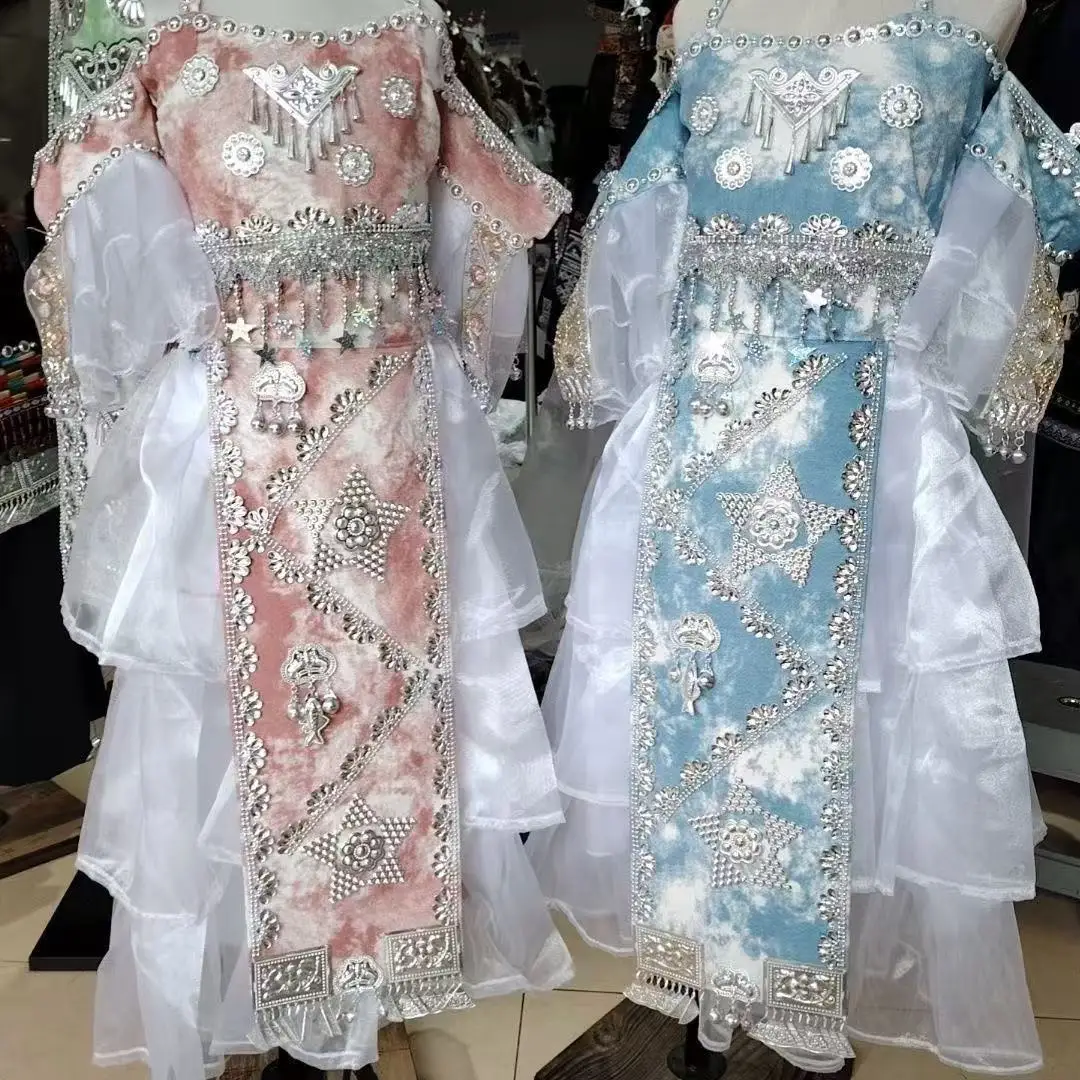 Strój dla dziewczynek Miaojiang, kostium Hmong, egzotyczny strój etniczny mniejszości narodowych, tradycyjny strój w stylu narodowym, stroje sceniczne, strój świąteczny