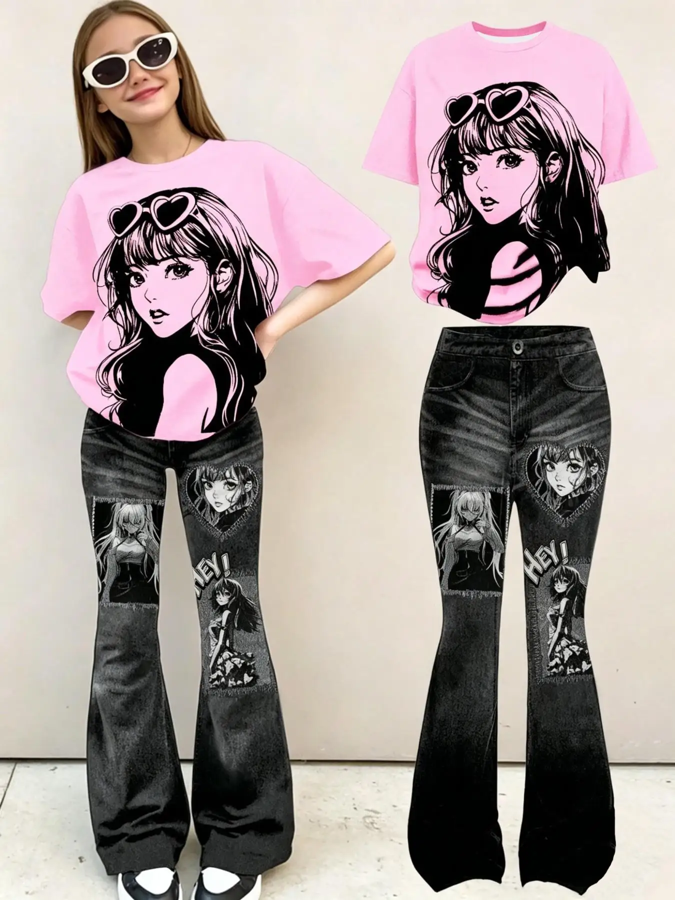 Girls' Summer Casual Outfit: Girls' Anime Print Pink T-Shirt + Flared Faux Denim Pants Two-Piece Set. Y2K Style Clothing for Girls, Suitable for Ages 3 and Above, Versatile Outfits for Home and Outings