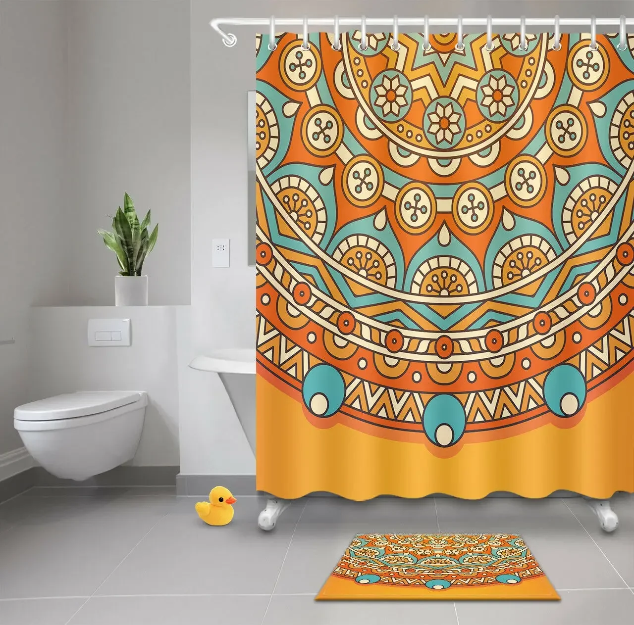 Orange Mandala Mildew Waterproof Bathroom Shower Curtain 12Hooks