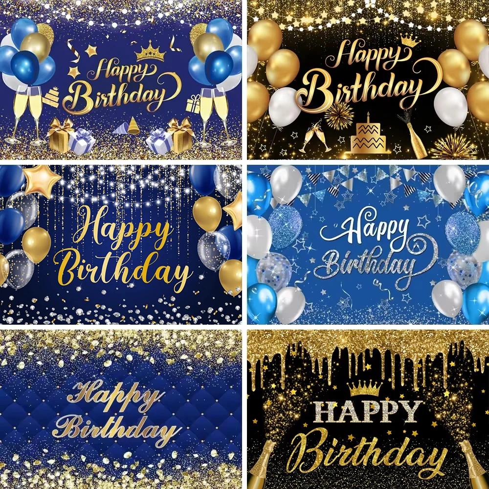 Laeacco Happy Birthday Photographic Backdrop Gold Glitter Balloon Backdrop Birthday Party Cake Table Decor Photography Backdrop