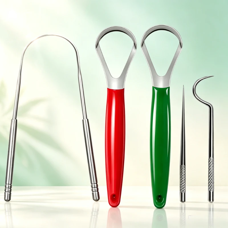 5Pcs Stainless Steel Tongue Scraper Set for Adults,Effective Tongue Coating Remover,Portable Fresh Breath Oral Hygiene Tool