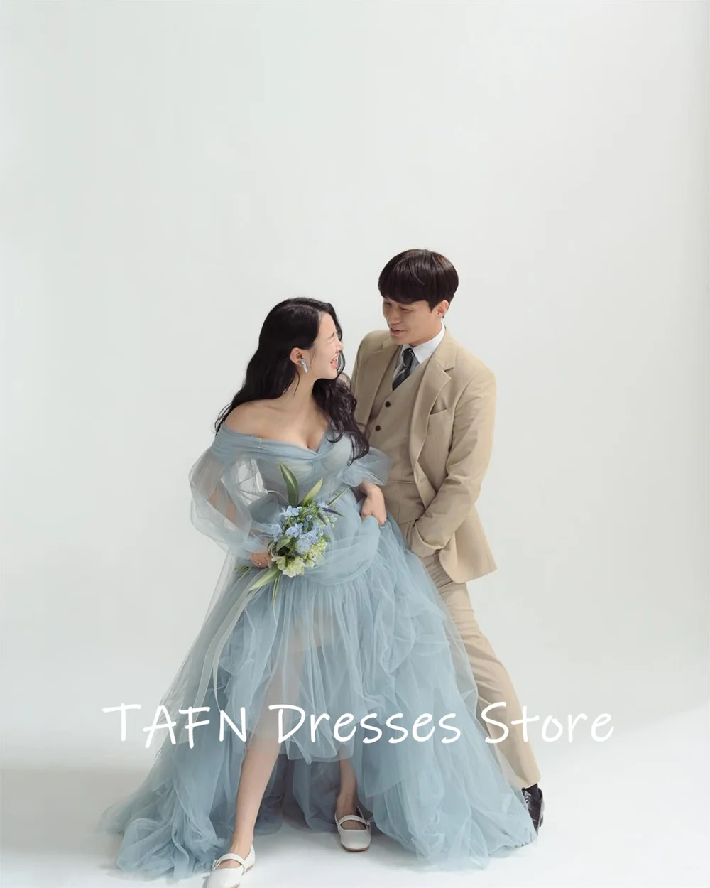 TAFN Sky Blue Sweetheart Wedding Dressses A-line Strapless Elegant Sleeveless Bridal Gown Korea Photo Shoot Dresses 웨딩드레스