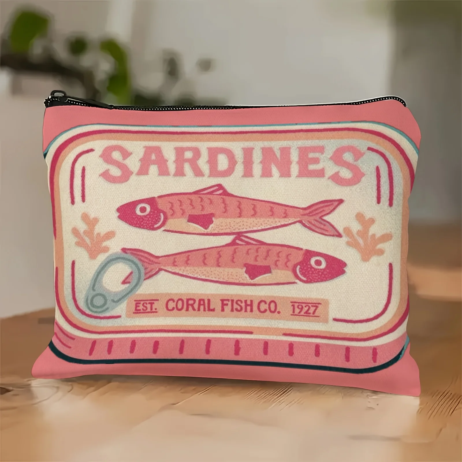 1pc Whimsical Sardines Pink Print Zipper Pouch, Retro Sardines Cosmetic Pouch Unisex Adult Mini Makeup Bag, Pencil Case