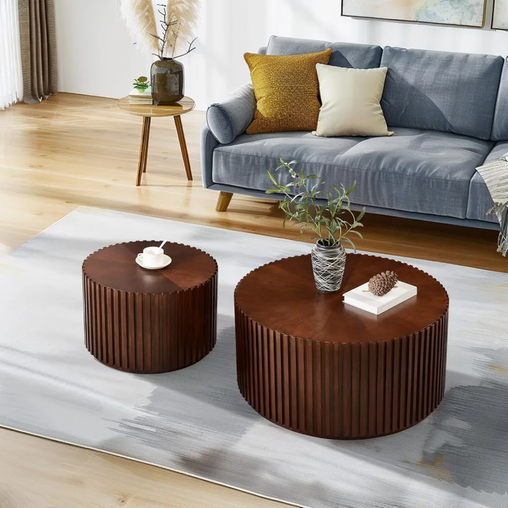 Round Wood Coffee Table Set of 2, Modern Handcraft Drum Coffee Table, Circle Coffee Tables for Living Room,No Need Assembly