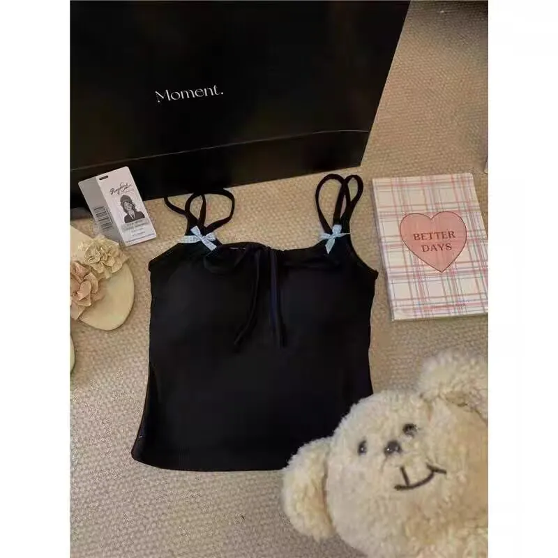 Y2K Style Drawstring Sling Top For Woman Female Spring Summer Woman Adorable Bow Detail Knitted