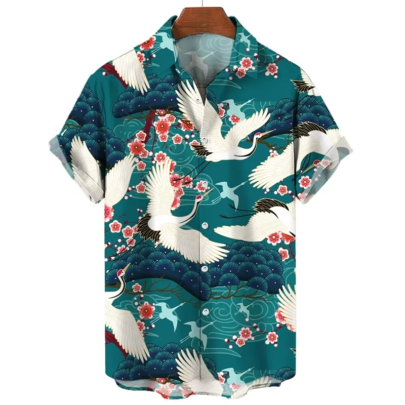 Retro Animal Hawaiian Shirt Men 3d Crane Print Short Sleeved Loose Casual Oversized Shirts Street Harajuku  Tops  Button  Blouse