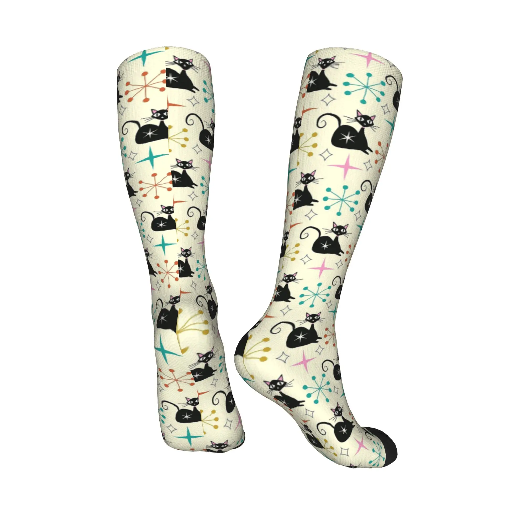 オールシーズン クルー ストッキング ミッドセンチュリー ブラック アトミック キャット スターバースト ソックス カジュアル ロングソックス アクセサリー メンズ レディース ギフト