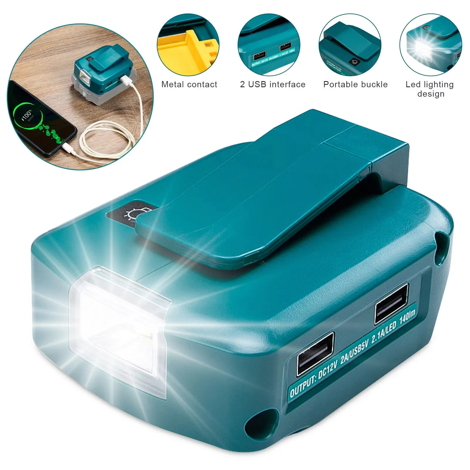 

Ponbos Adapter LED Light Working Lamp USB Mobile Phone Charger DC 12V Output Use for Makita 14.4V 18V Li-ion Battery