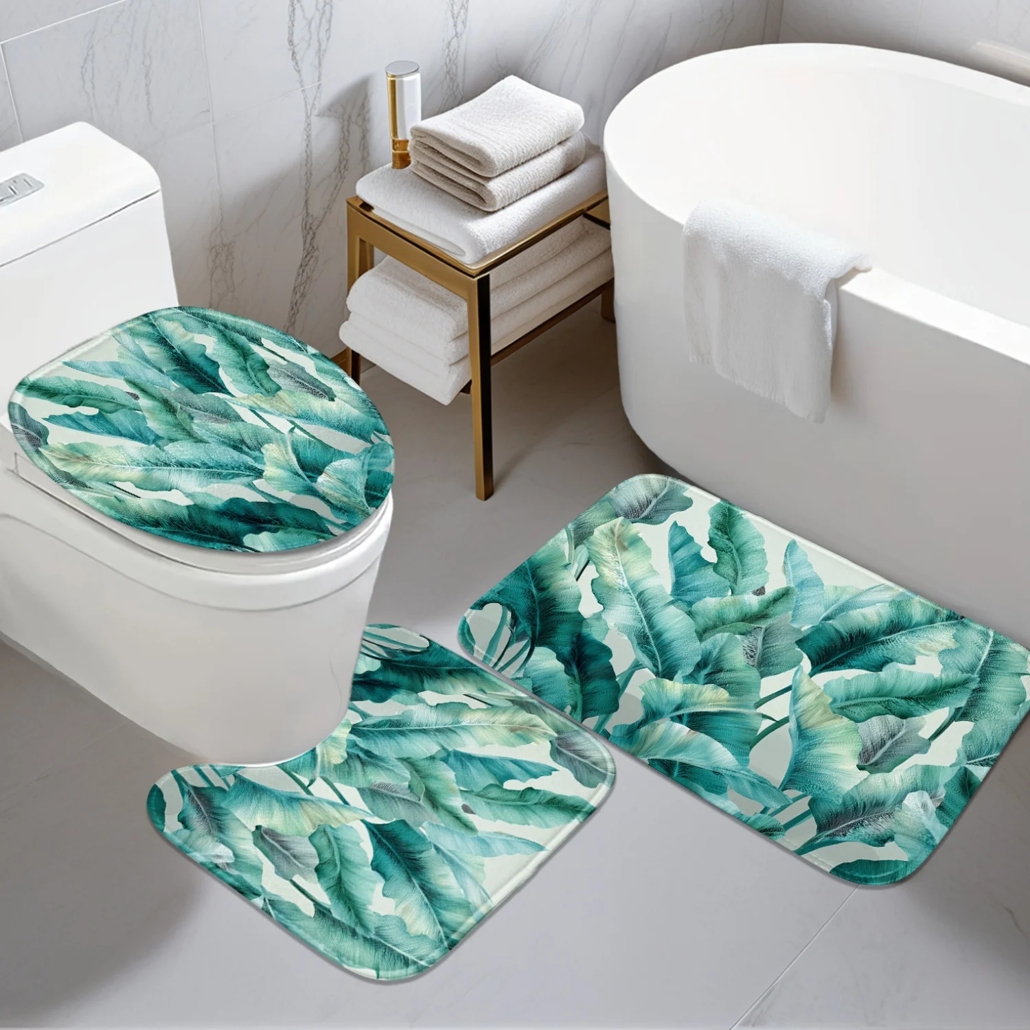 

3 шт. Свежий сине-зеленый узор в виде бананового листа, U-образный коврик, нескользящий коврик, коврик для крышки унитаза, подходит для украшения ванной комнаты