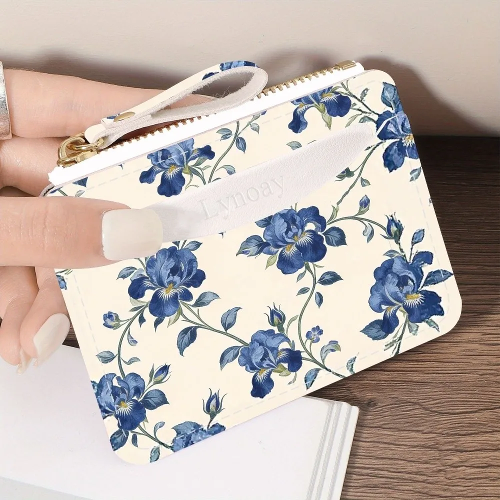 Fashion PVC Credit Card Holder Slim Roomy Zipper Wallet Flower Pattern Portable Card Case for Women Girls