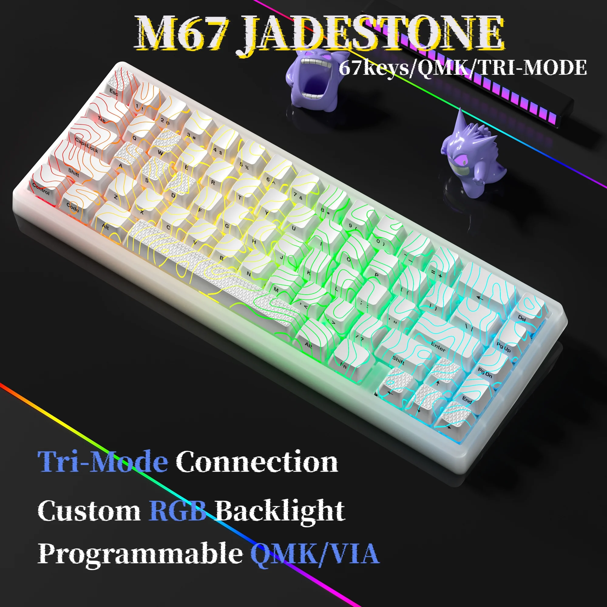 

Механическая клавиатура XVX M67 JadeStone с колпачками для клавиш IMD-Tech, с прокладкой с возможностью горячей замены, трехрежимная пользовательская клавиатура с RGB-подсветкой