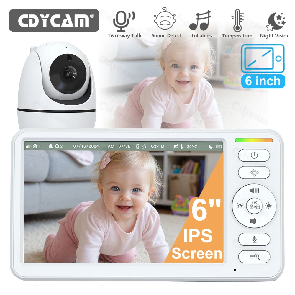 6 Inch Baby Monitor No WiFi PTZ Home HD Security Cam Night Vision Two Way Audio Kids Surveillance Camera With Temperture Display