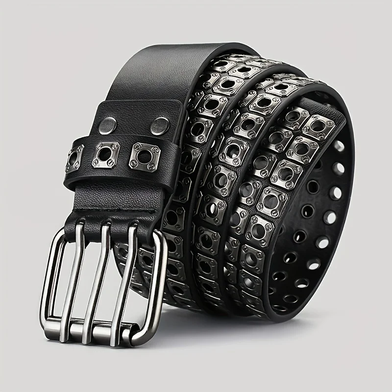 Retro Square Rivet Men\'S Belt With Double Row Needle Buckle Women\'S Belt Hip-Hop Rock Punk Y2k Style Jeans Men\'S And Women\'SBelt