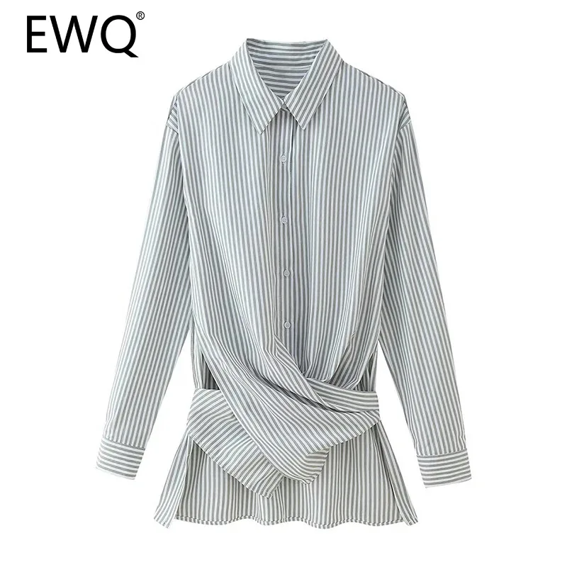 

EWQ Fashion Striped Bandage Shirt For Women Loose Lapel Collar Long Sleeved Single Breasted Shirt Clothing 2024 New 27X558