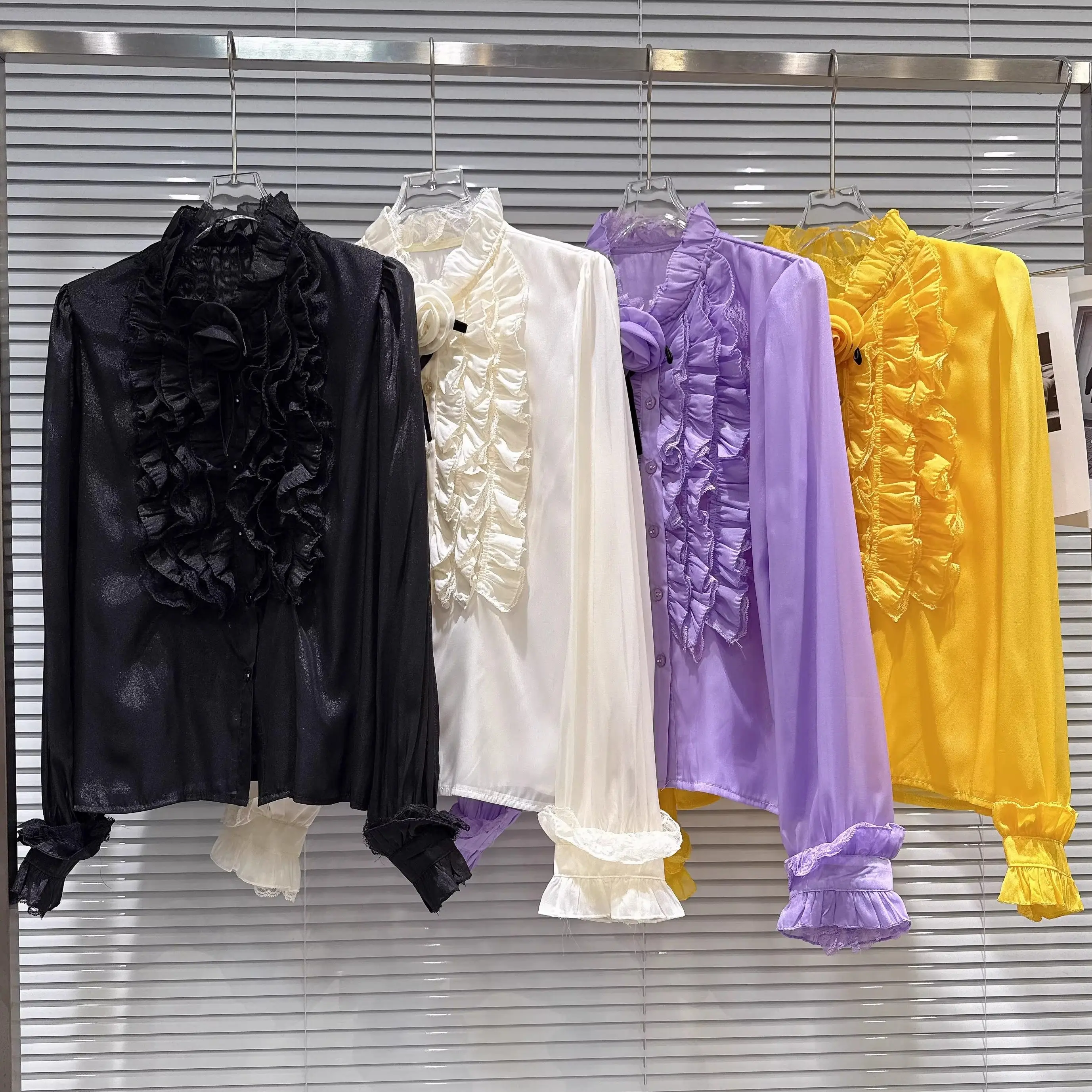 

2026 Spring New French Style Socialite Ruffle Design Solid Color Long Sleeve Chiffon Blouse Shirt for Ladies