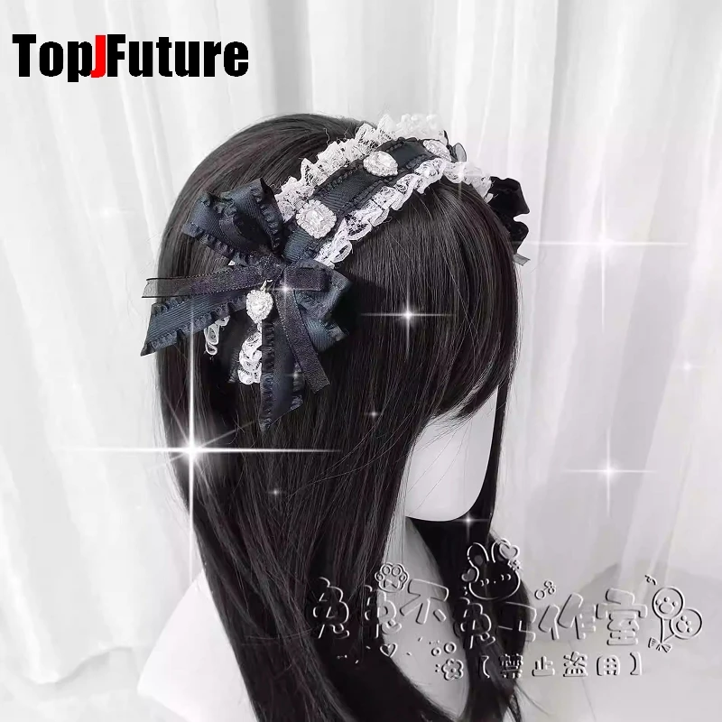 Subculture Y2K GIRL Women's Harajuku Steampunk Gothic Lolita Punk Dark lace Diamond bow fold black eadband hair band Accessory