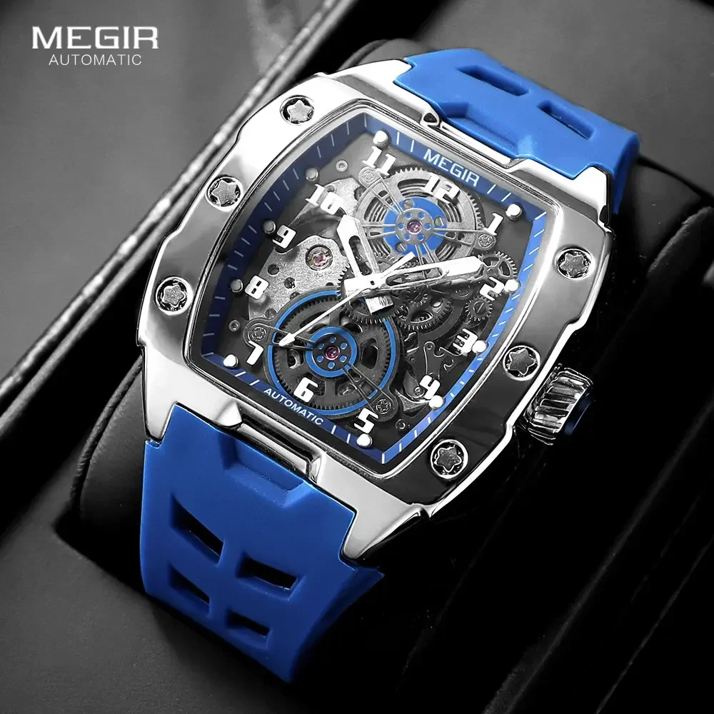 MEGIR Blue Mechanical Watch for Men Tonneau Hollow Dial Sport Waterproof Automatic Wristwatch with Luminous Hands Silicone Strap