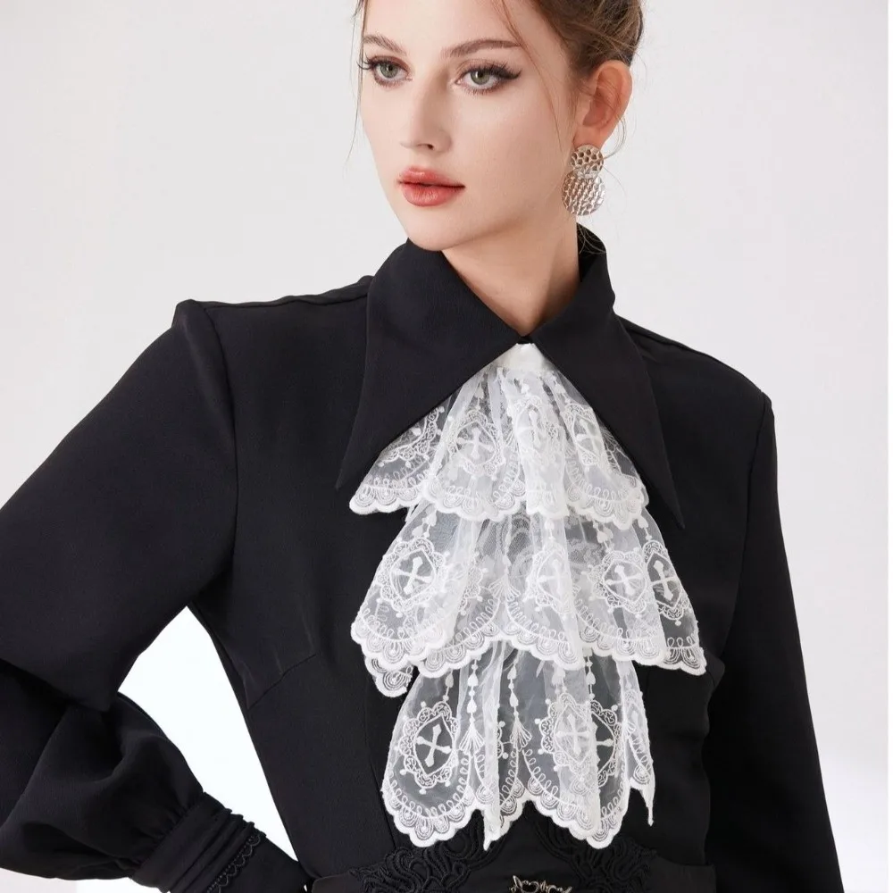 Victorian Style Lace Jabot Collar White Cosplay Accessory Wrist Cuffs Sleeves Detachable Ruffled Fake Collar