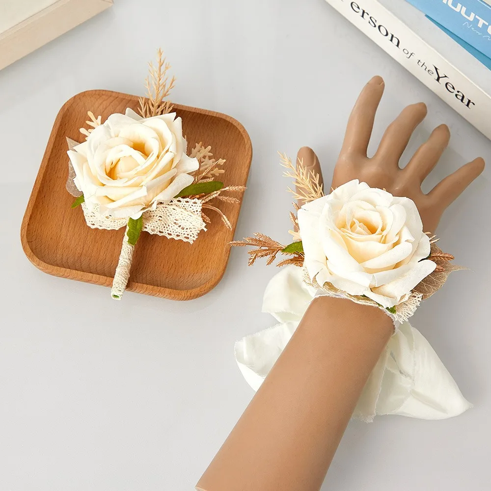 Champagne Wedding Silk Rose Artifical Flower Boutonniere Men Groom Ribbion Wrist Corsage Accessoire Mariée