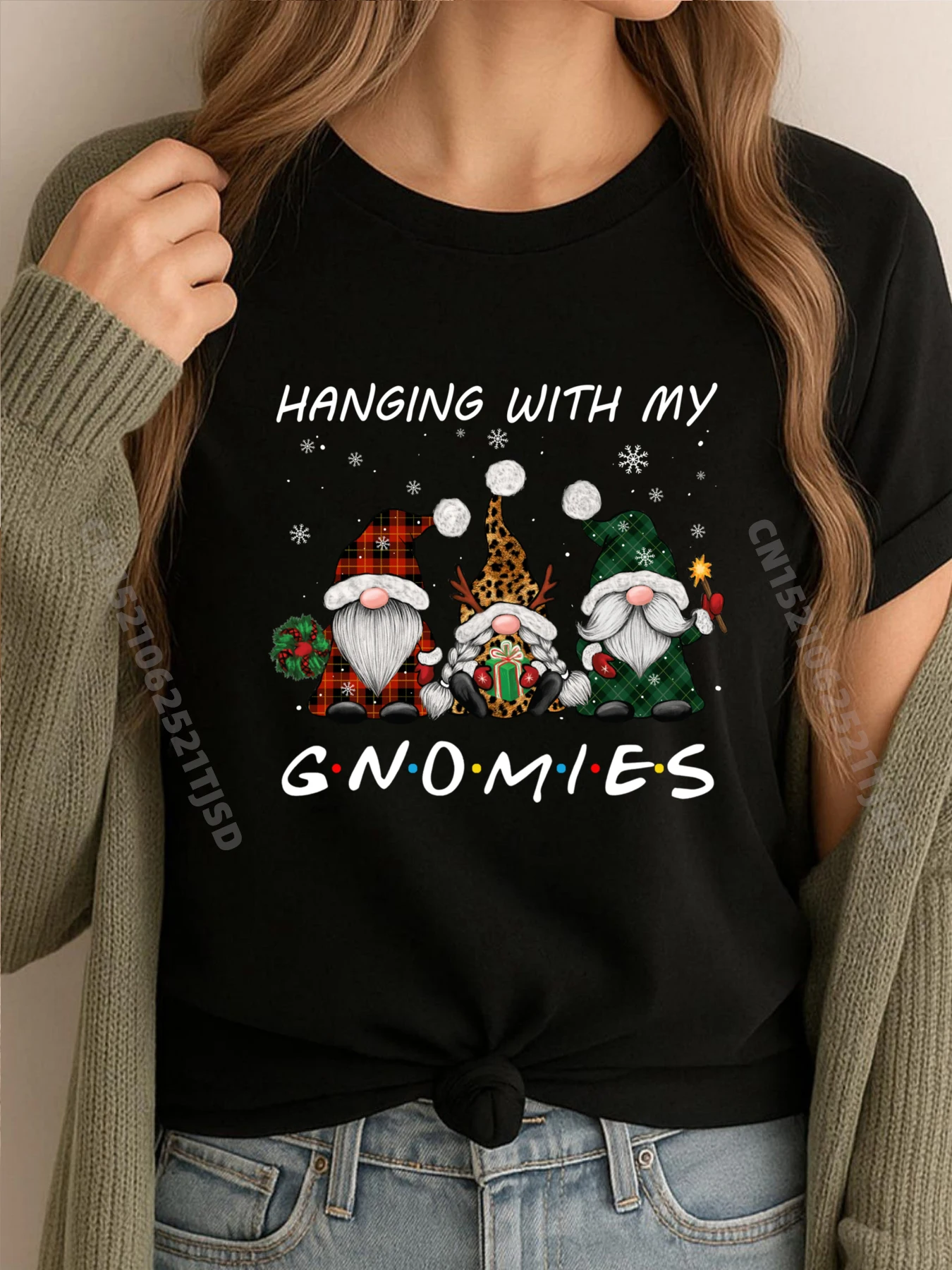 Colgando con mis gnomies Navidad rojo búfalo a cuadros leopardo negro gráfico camisetas camisas de hombre calle