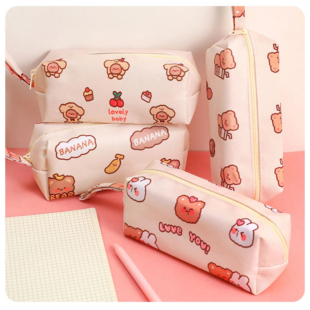 Cartoon Bear Large-capacity Canvas Pencil Case Bag Holder Desktop Stationery Cosmetics Storage Organizing Office School Supplies