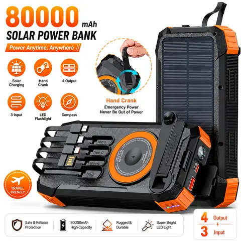80000mAh Magnetic Wireless Power Bank Solar Hand Crank Portable Charger with LED Emergency Light for iPhone Apple Watch AirPod