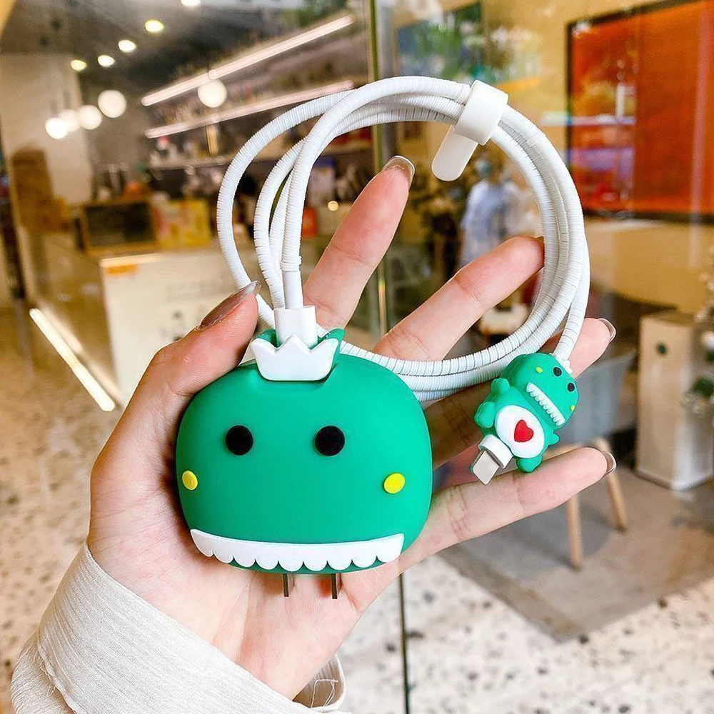 Cute Cartoon Dinosaur USB Cable Data Line Protector Cover For iPhone 18/20W Fast Charging Case Winder Organizer Accessories