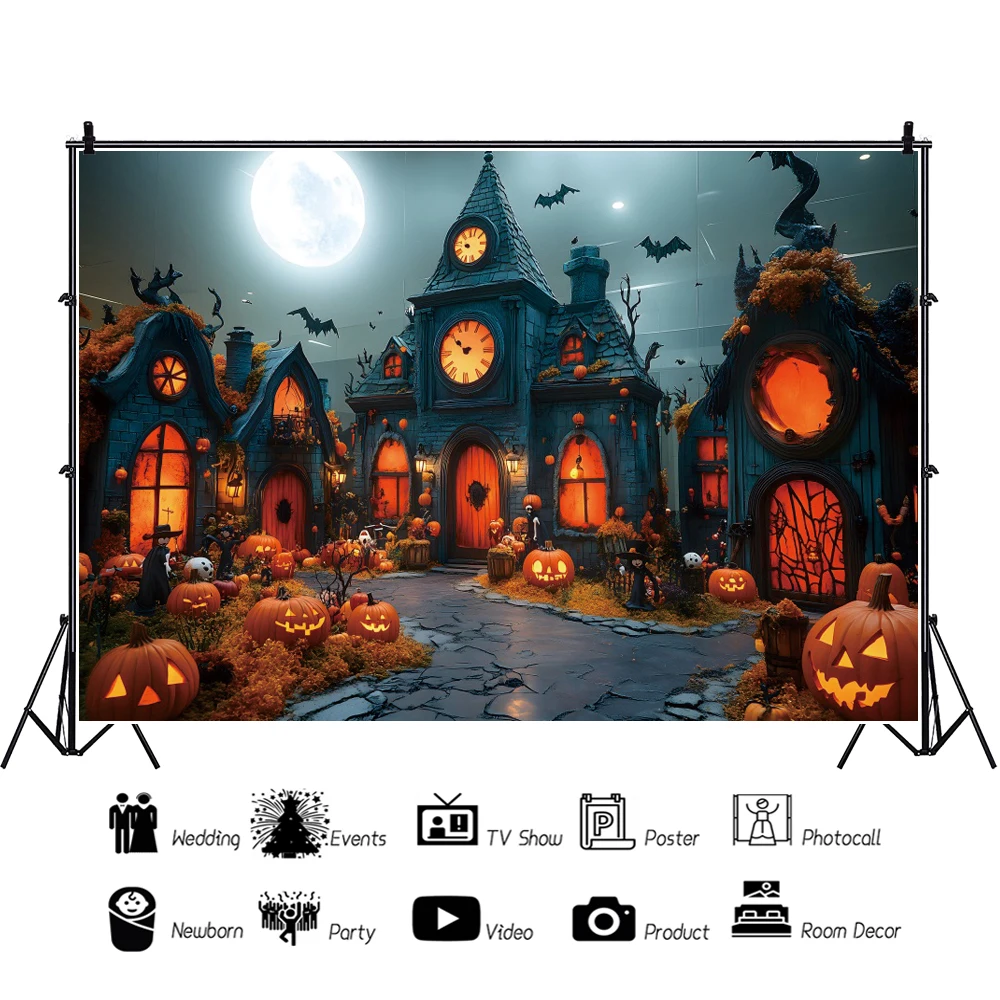 Halloween Baby Shower Backdrop Little House Night Moon Pumpkin Lanterns Kids Family Party Photography Background Decor Banner