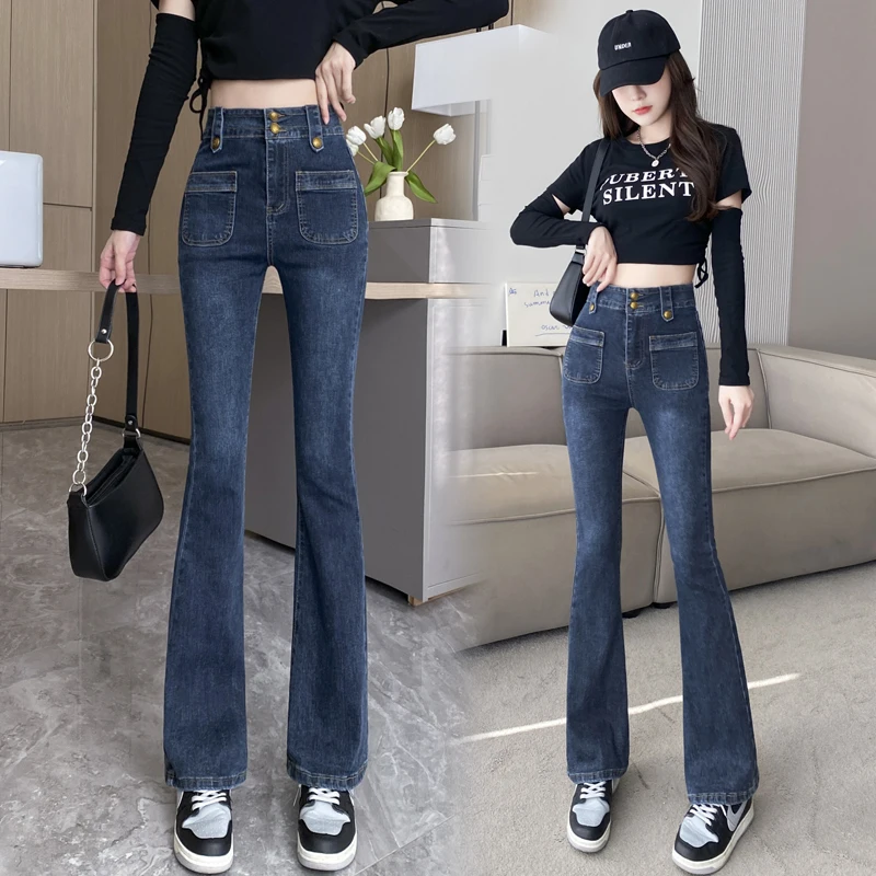 

Girls Fashion Casual Elasticity Denim Pants Women Clothing Female Vintage Streetwear OL High Waisted Jeans Woman Flared Pants B