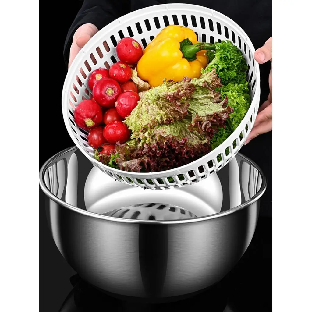Stainless Steel Manual Salad Spinner Washer Drain Basket Fruit Vegetable Greens Washer Large Capacity Quick Dryer Bowl Kitchen