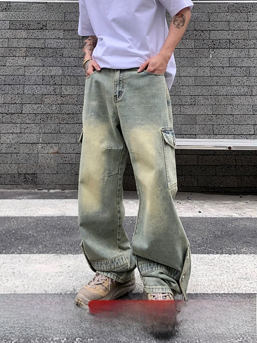 

Retro American Workwear Denim Jeans Men's Faded Washed Straight Leg Pants Multi-Pocket Deconstructed Style Casual Loose Fit