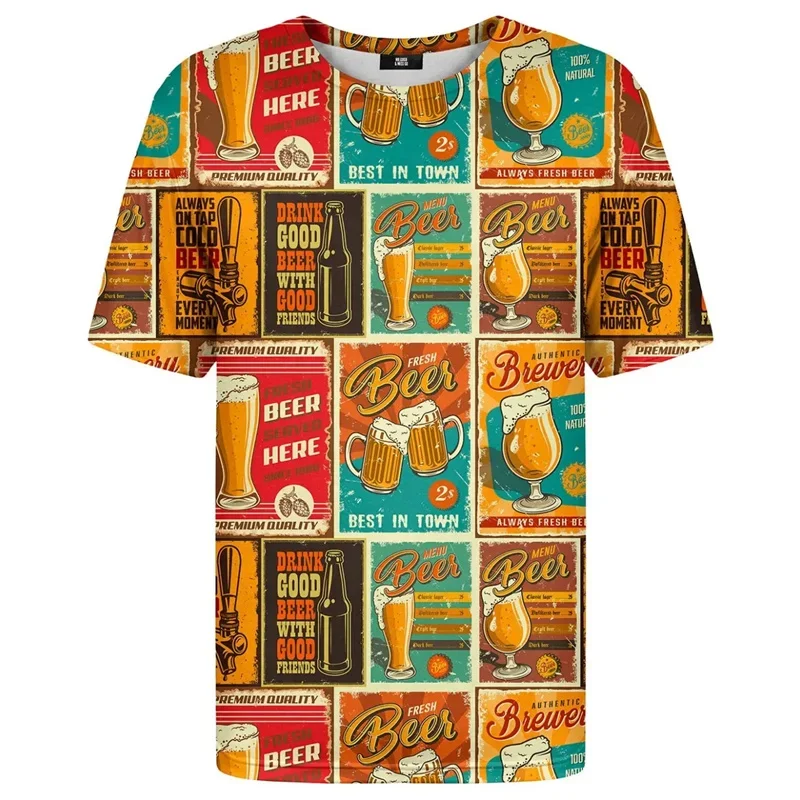 2025 Summer street wear, oversized T-shirt, 3D-printed beer, interesting and novel top for men, fashionable short-sleeved shirt
