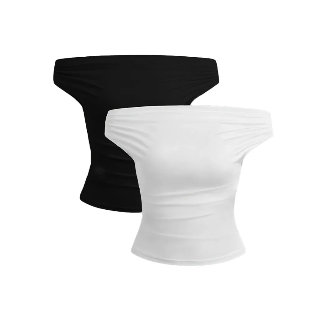 2-teiliges Set Plissee Asymmetrische Crop Top Frau T-shirts Trägerloses Top Weibliche Ärmellose Sexy Tops Frauen Tuch Mode Streetwear – Detail 6