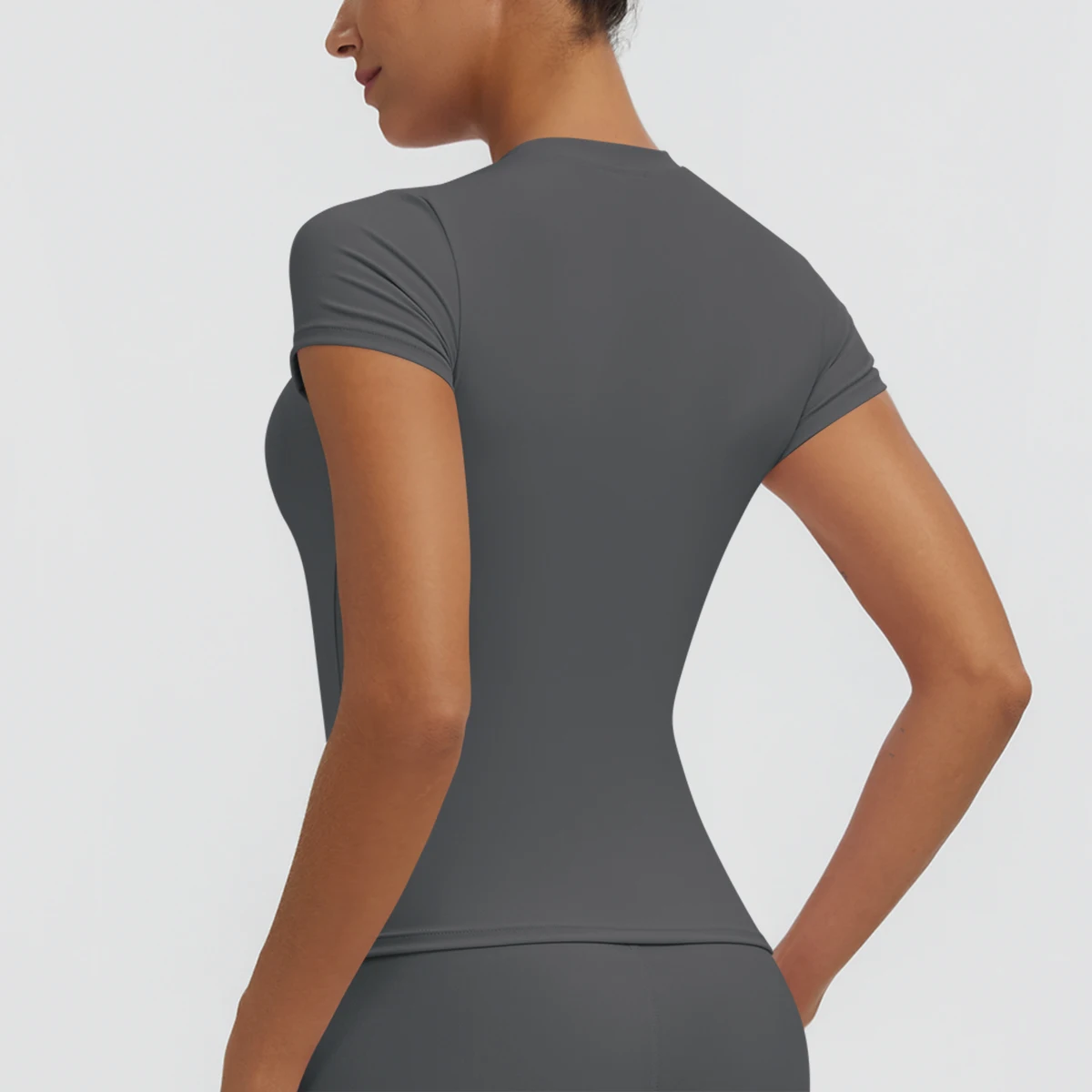 Hochelastisches, schnelltrocknendes, einfarbiges Yoga-Kurzarm-T-Shirt für Damen, Workout-Oberteil, schmal geschnittenes, lässiges Sport-, Lauf-, Fitness- und Yoga-T-Shirt. – Detail 34