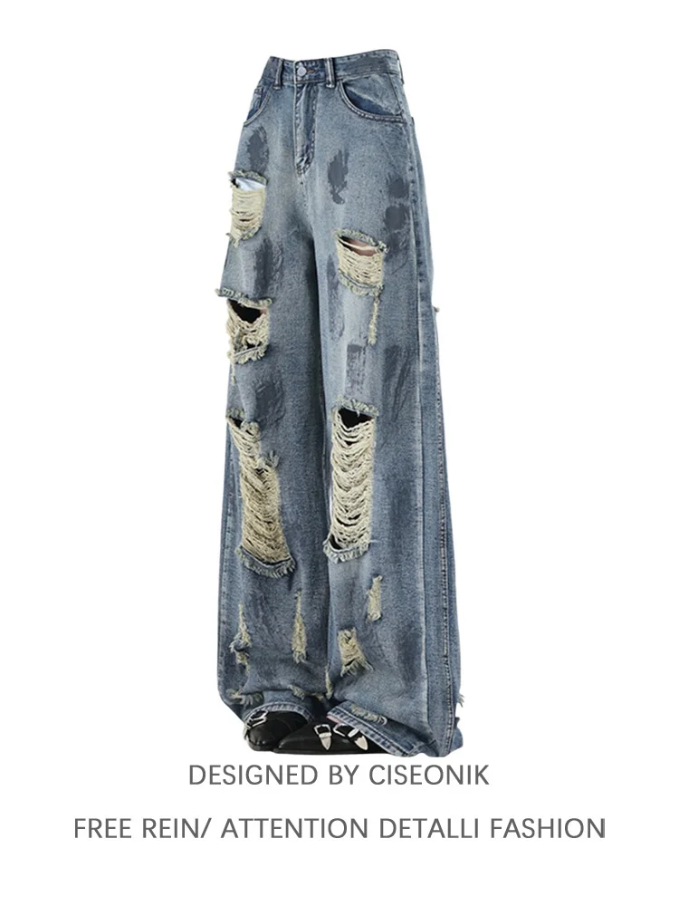 

High Waist Wide Leg Denim Jeans Women's American Retro Tie Dye Apocalyptic Style Spring New Loose Fit Torn Hole Jeans