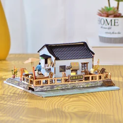 DIY Wooden Doll Houses Jiangnan Town Tea House Casa Miniature Building Kit Dollhouse with Furniture for Girls Birthday Gifts