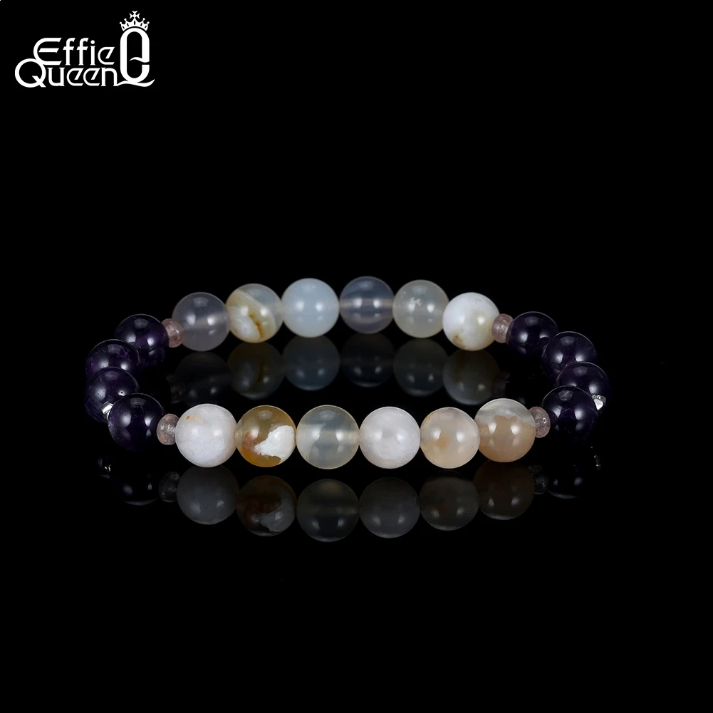 

EFFIE QUEEN Браслет из натурального агата и аметиста 8 мм для женщин, серебряный браслет S925 с защитными кристаллами, эластичный браслет, ювелирные изделия GMB101