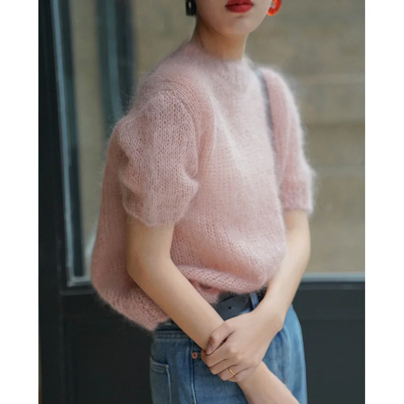 Pink Sweater Women Mohair Wool Short Sleeve Thin Knit Versatile Retro Idle Sle Very Fairy Sweater Cocoon Shaped