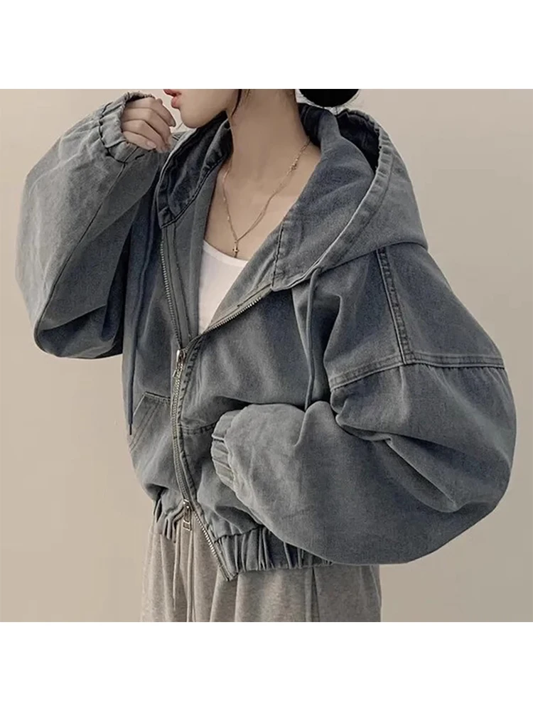 2025 Autumn Winter Women American Retro Denim Hoodie Sweatshirts 2000s College Style Harajuku Y2k Japanese Streetwear Oversize