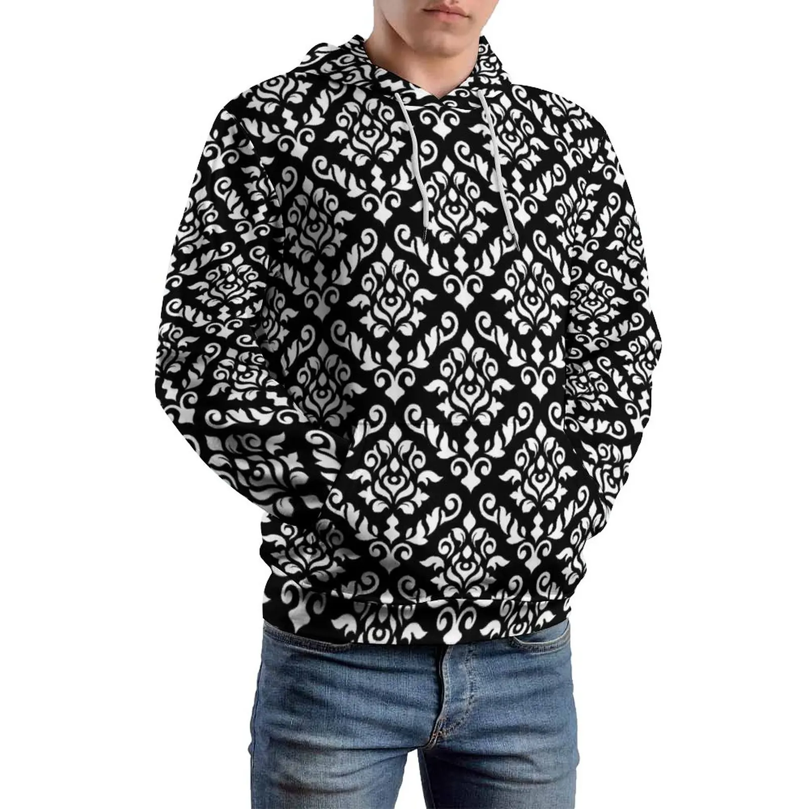 Damask Baroque Print Casual Hoodies Long Sleeve Black And White Trendy Hoodie Autumn Street Fashion Graphic Oversized Clothing