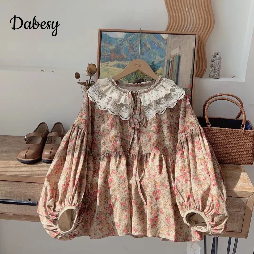 Vintage Lace Ruffled Flower Shirt Women Autumn Japan Style Sweet Mori Lantern Sleeve Cotton Linen Shirt Casual Loose Kawaii Tops