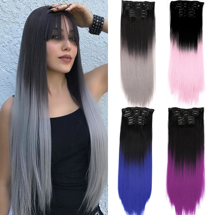 

Alileader 22Inch Synthetic Hair Black Blonde Long Straight Hair Extensions Curly Wave 16Clips Hairpiece Fake Hair 6Set For Women