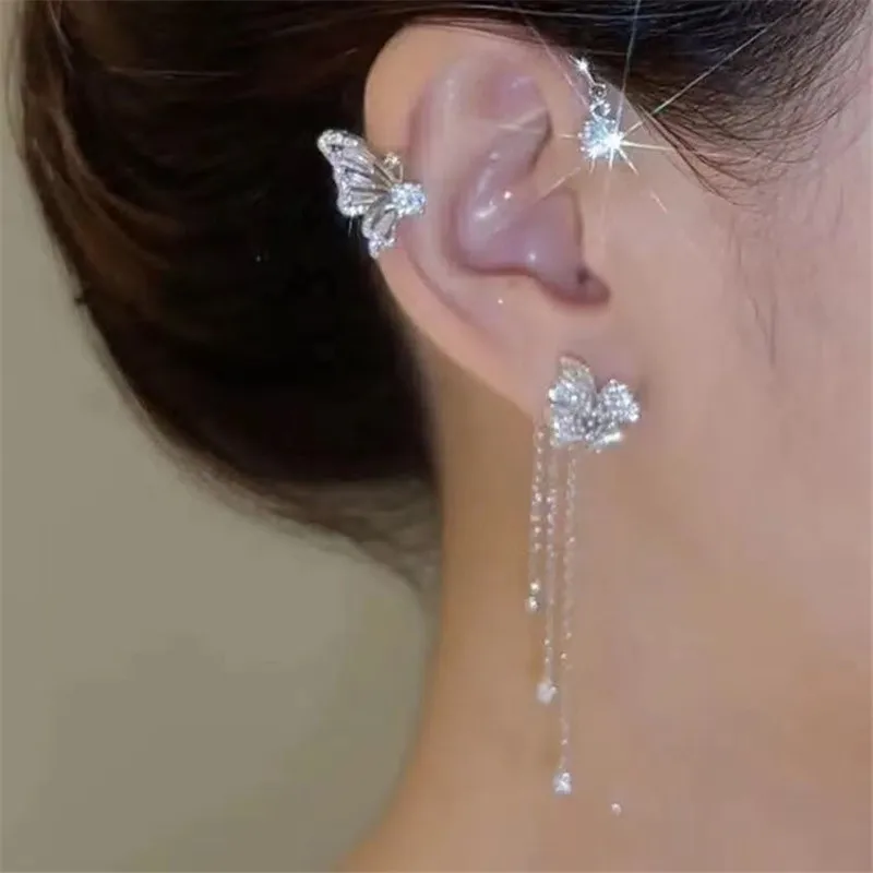 Sparkling Zircon Flower Butterfly Ear Bone Clip for Women Without Piercing Tassel Ear Cuff Clip Earrings Wedding Jewelry