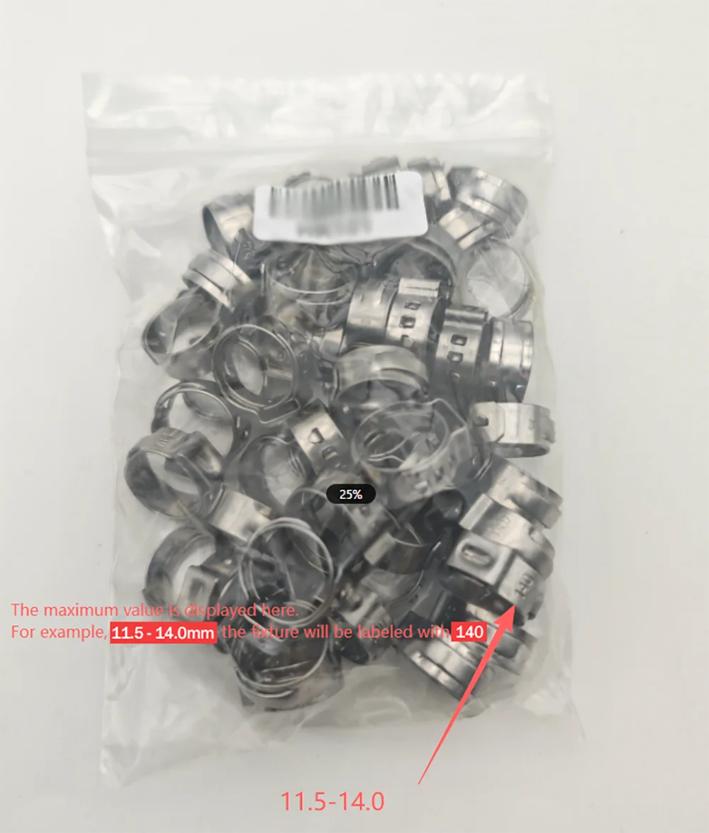 50 Stück Schlauchschellen Einzelohr Stufenlos 5,3 mm-33,1 mm 304 Edelstahl Schlauchschellen Cinch Klemmringe für Schlauchschellenwerkzeuge – Detail 1