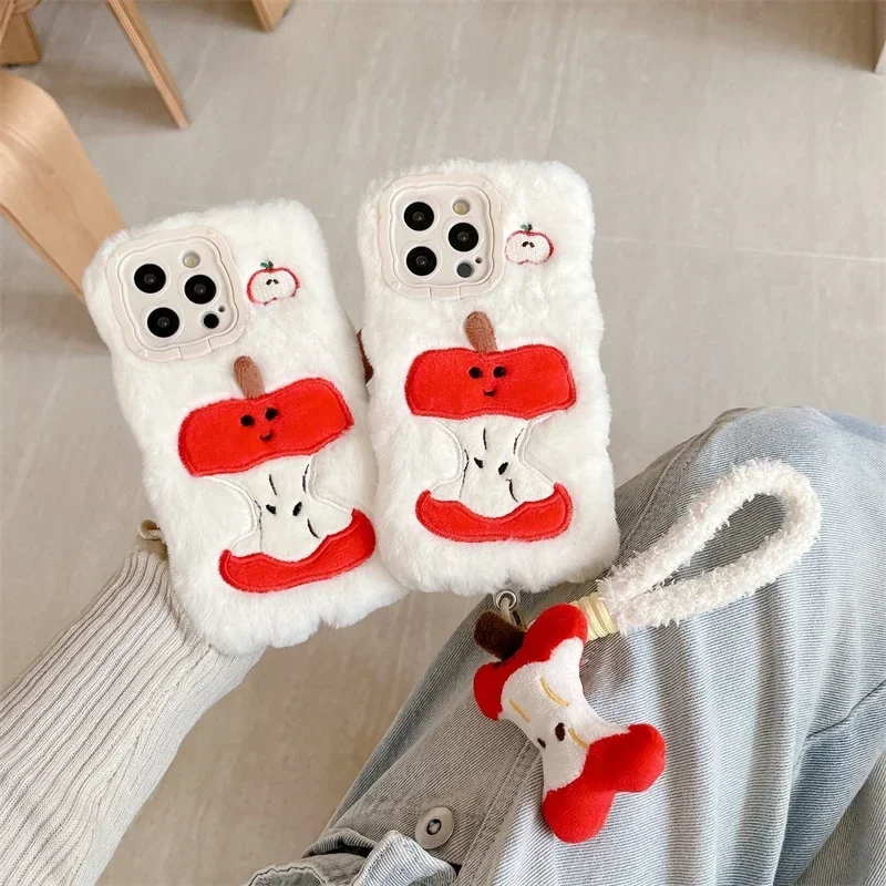 Plush Hair Fluff Toy Soft Back Cover for IPhone 16 15 14 13 Pro Max 14 Plus 15 Plus Warm Cute Cartoon Pendant Phone Case