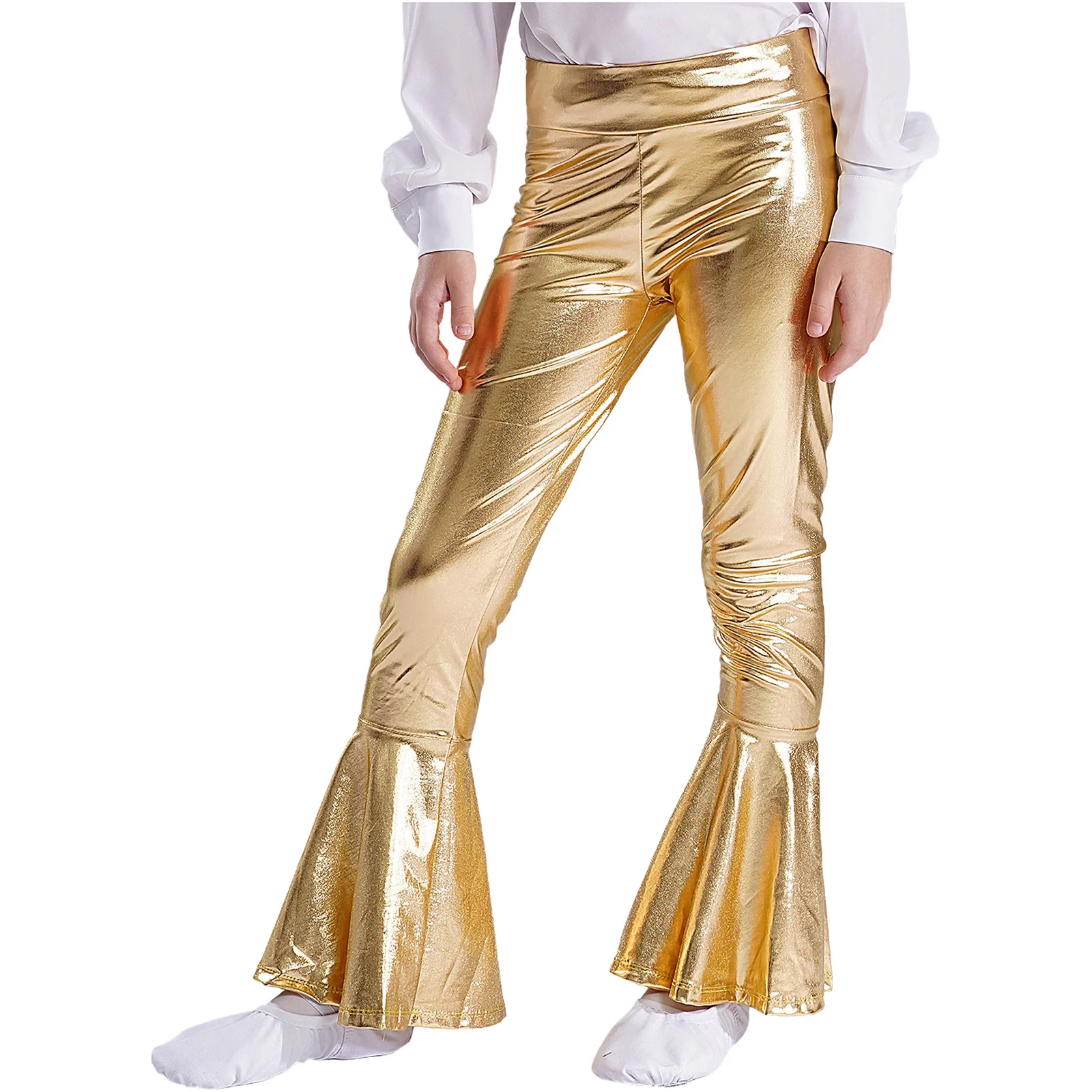 2025 New Kids Girls Shiny Metallic Flared Long Pants Jazz Dance Disco Performance Trousers High Waist Ruffle Bell-bottom Pants