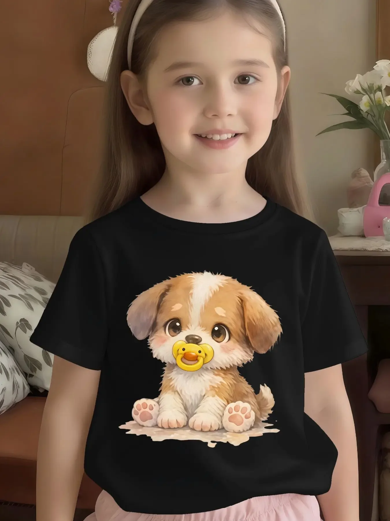Kids Lovely Fluffy Puppy With Pacifier Graphic T Shirt Girls Cartoon Little Pet Short Sleeve Tee