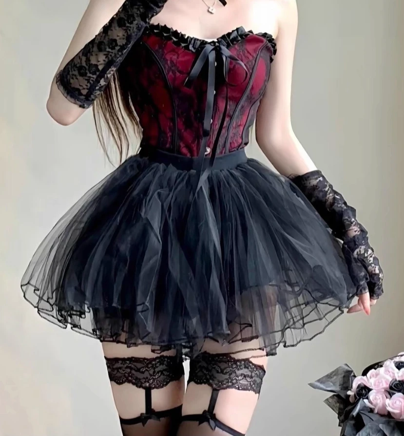 Halloween Zoet Cool Sexy Taille Cinching Slanke Strapless Top Zwarte Hoge Taille A-lijn Mode Veelzijdige Leeftijdsreductie Roksets