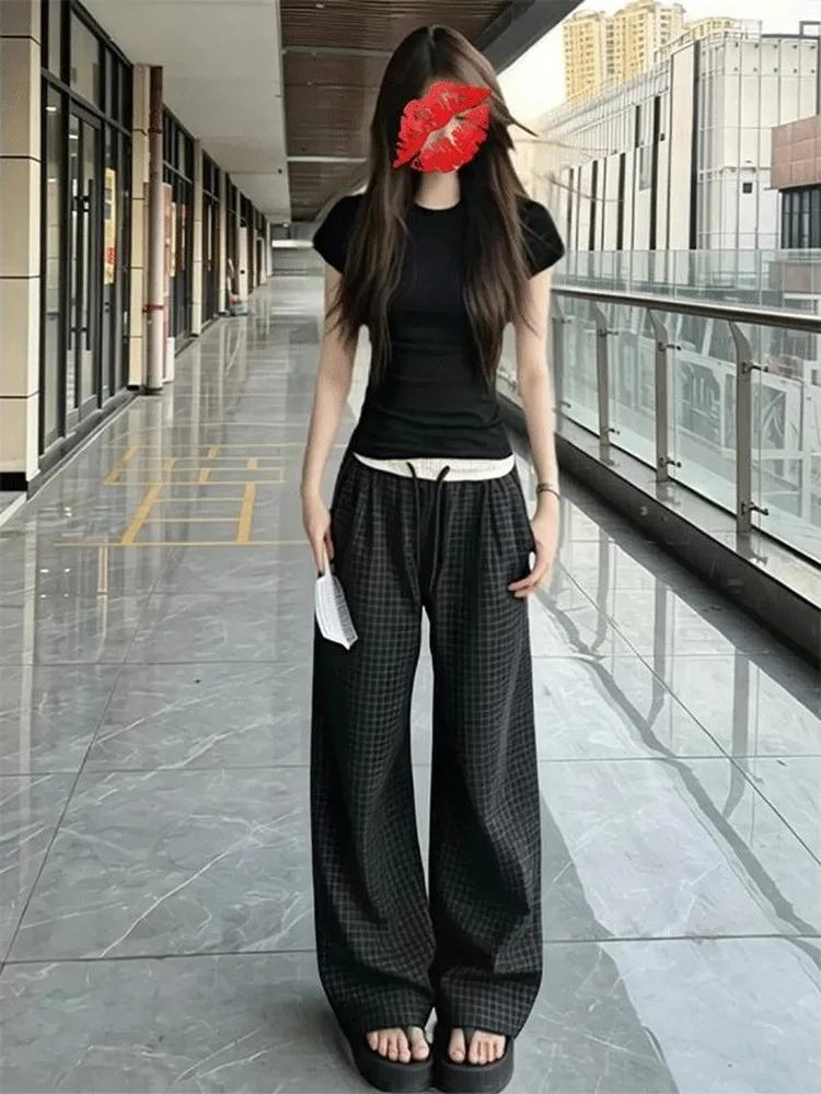 Light Blue Plaid Knife  Pants Fitness Casual Loose Fit Summer Thin Ice Silk Quick Dry Wide Leg Sports Leisure Trousers