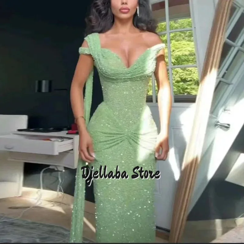 

Customized Glitter Sequin Prom Dresses Sweetheart Draped Mermaid Meet Gala Dress for Women Green Bodycon Formal Maxi Dress